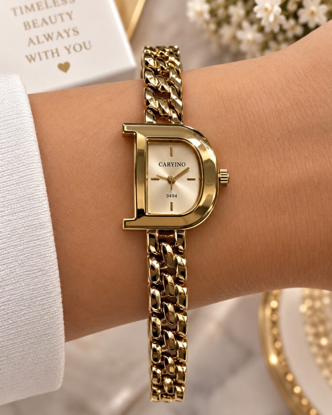 Classic Gold D-Style Watch – White Dial